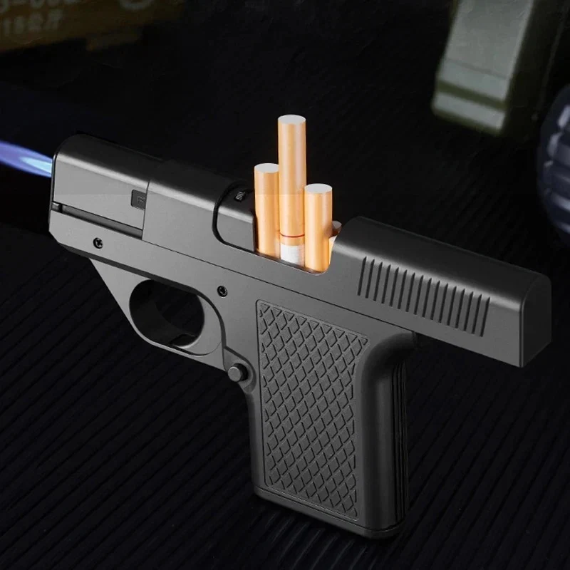 FlameStrike Gun Lighter — pistol-shaped torch lighter firing a blue jet flame with three cigarettes loaded in the slide